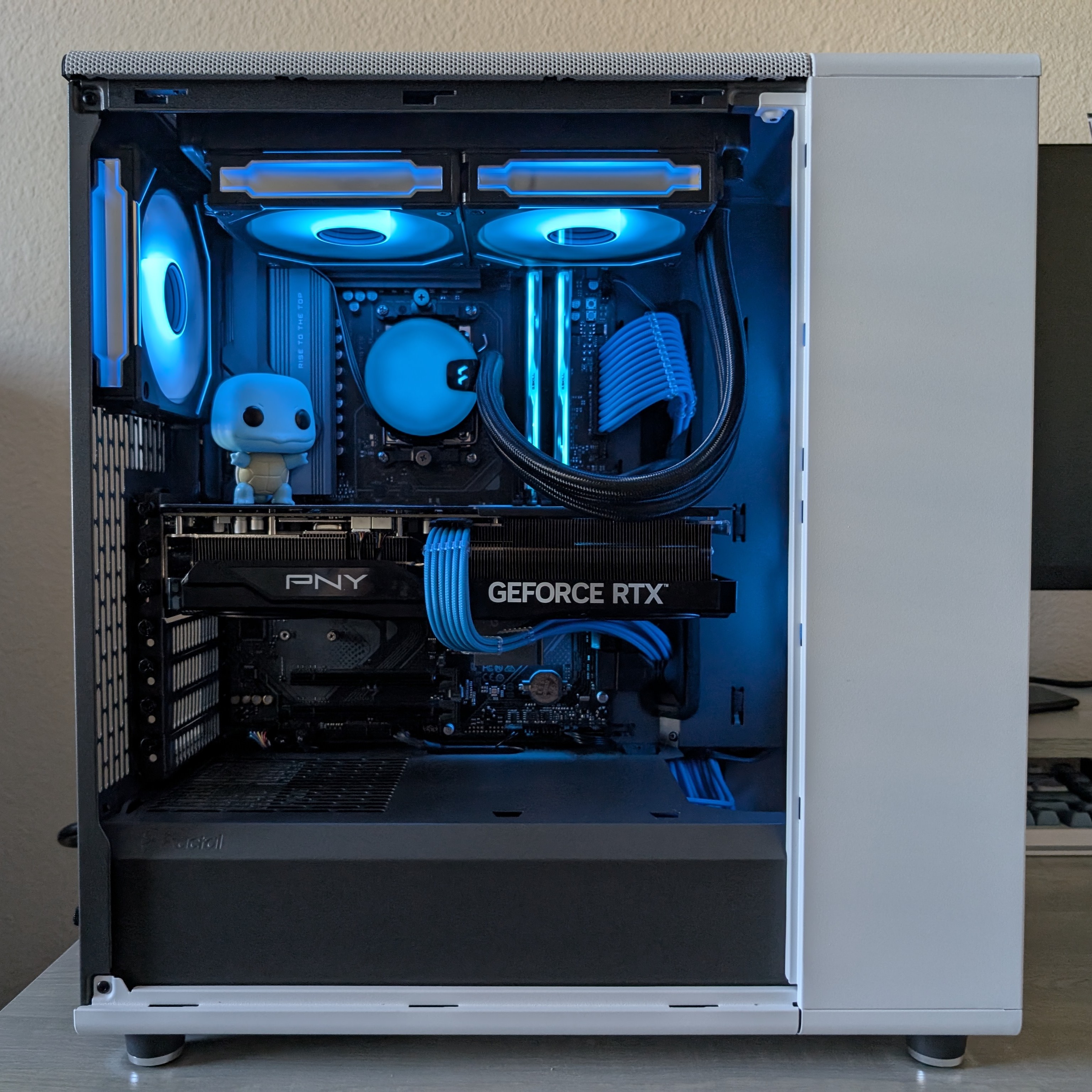 The picture shows the final computer build turned on.