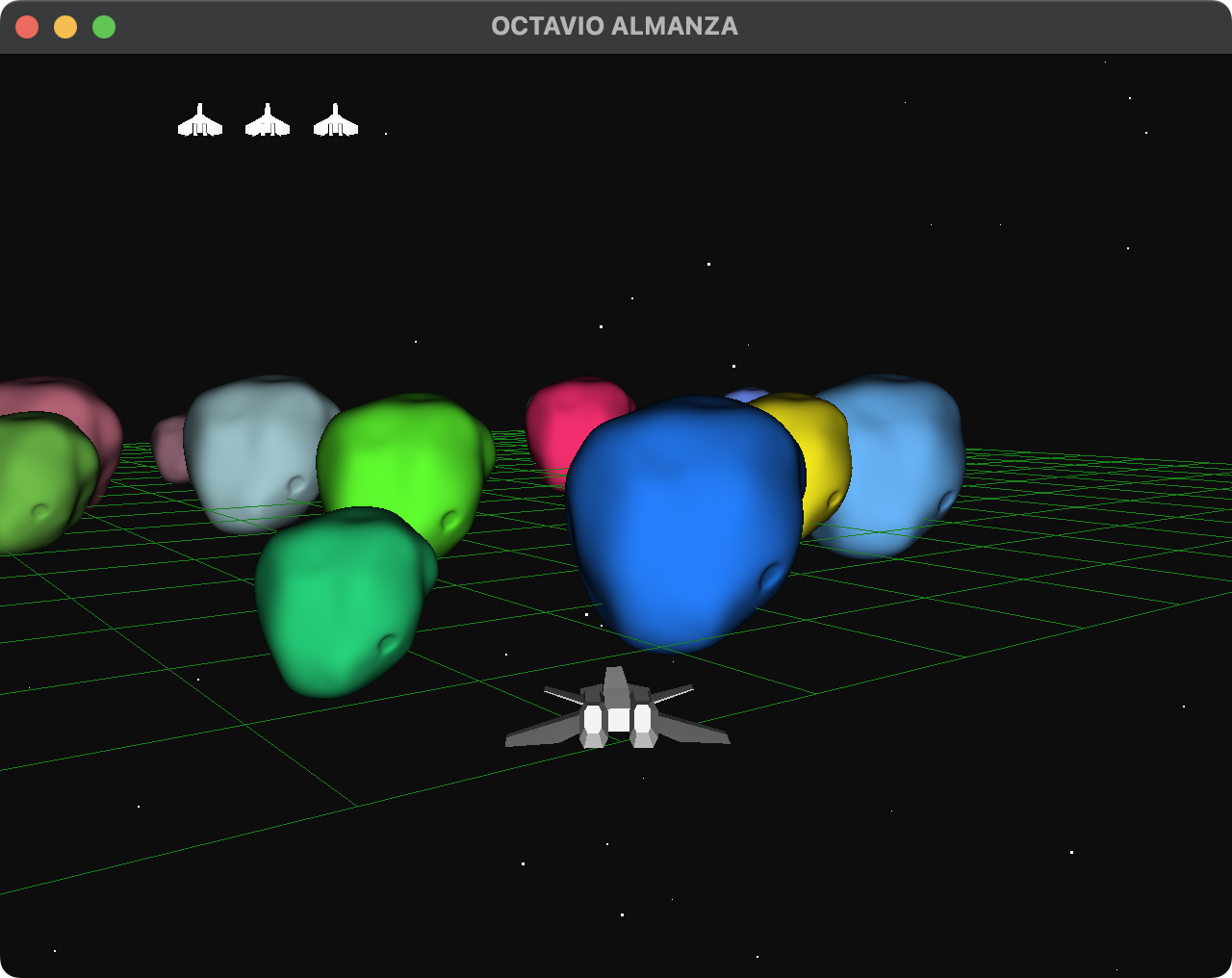 A screenshot of GL-Asteroids, showcasing a spaceship in the middle, and multi-colored asteroids surrounding the ship.
